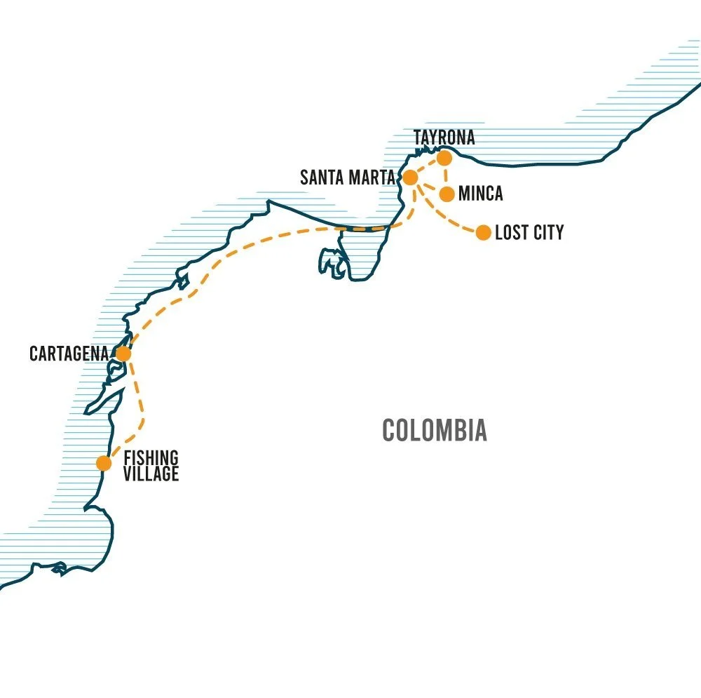 Map of the Colombian coast showing a travel route connecting Santa Marta, Tayrona National Park, the Lost City trek, Cartagena, and a fishing village