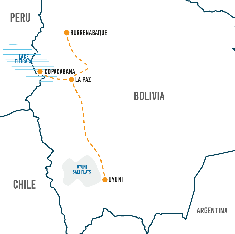 Map of Bolivia showing a travel route from Uyuni through La Paz, Copacabana, and Rurrenabaque, with the Uyuni Salt Flats highlighted