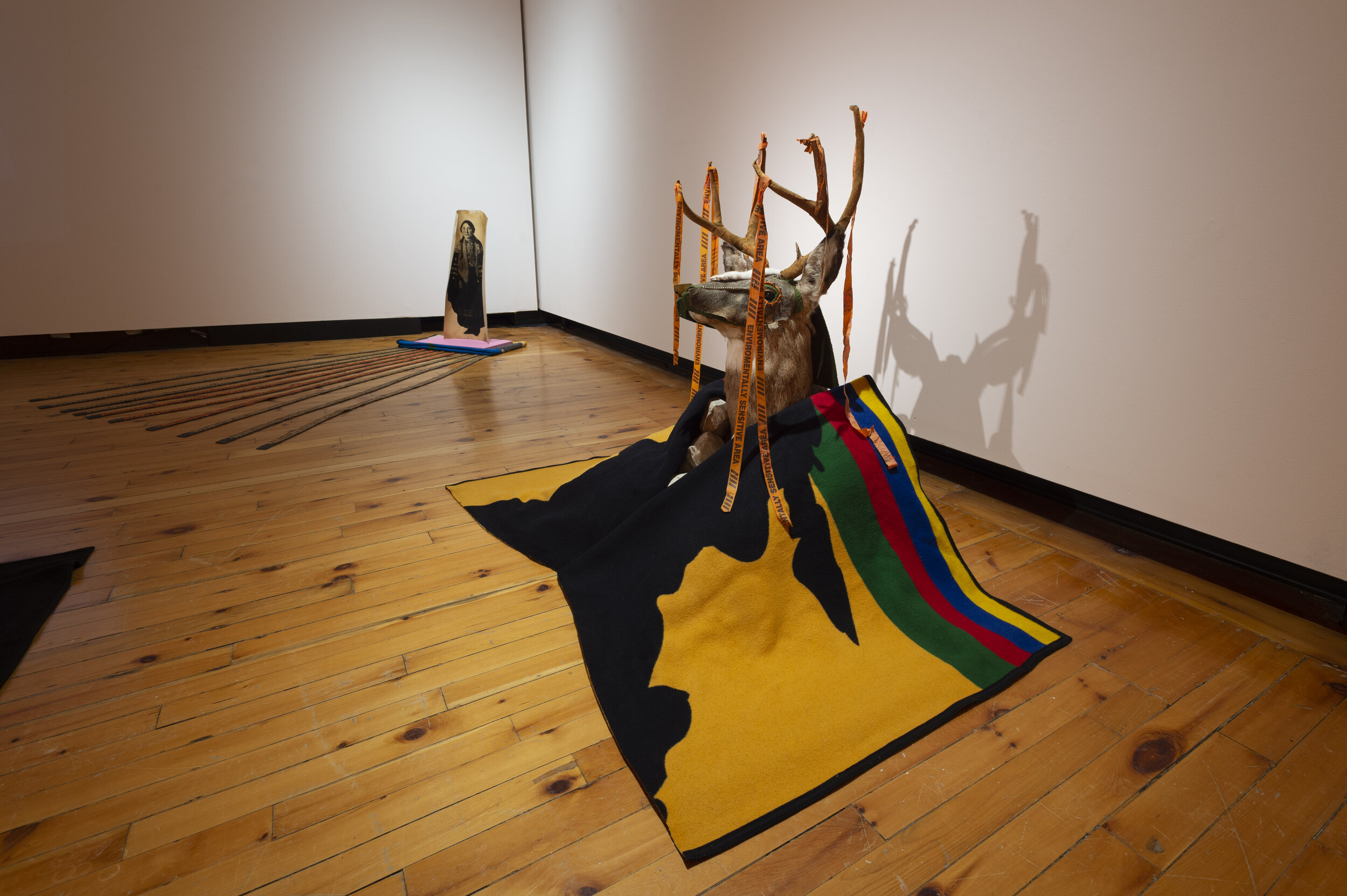L: Glenna Cardinal and seth cardinal dodginghorse, Winnie, Ina Series, 2019.  R: Glenna Cardinal, mourning home 2019. Image courtesy of the Art Gallery of Guelph.