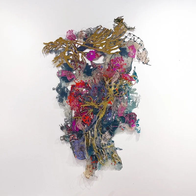   Joan Hall   I Will Follow You #2 , 2023  Handmade paper, glass beads, acrylic, Dura-lar, collagraph 89" x 58"   $20,000  