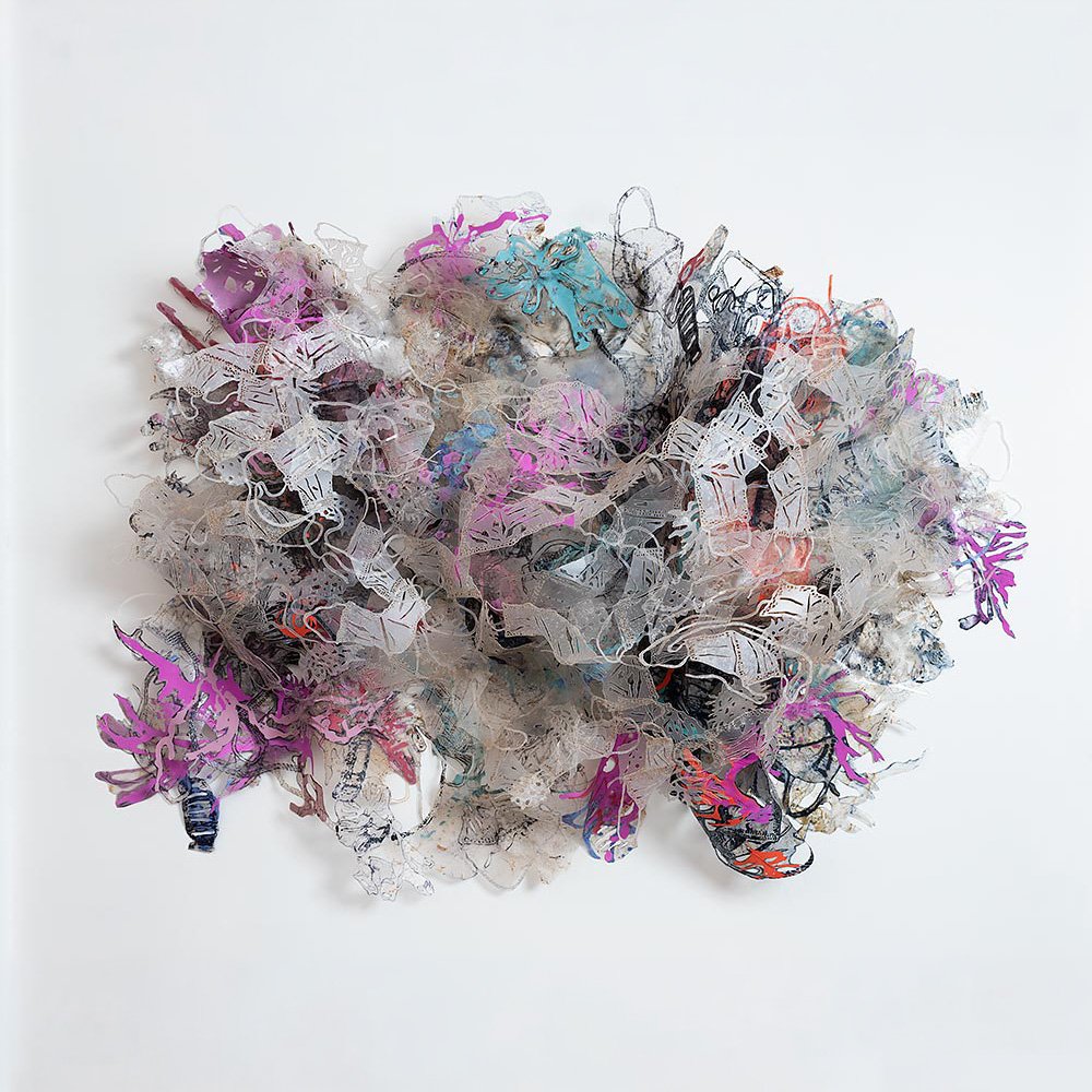   Joan Hall   Touches Me, Touches You , 2021  Handmade paper, pulp painting, collagraph and relief printing, acrylic, glass pins 54" x 68" x 16"   $20,000  