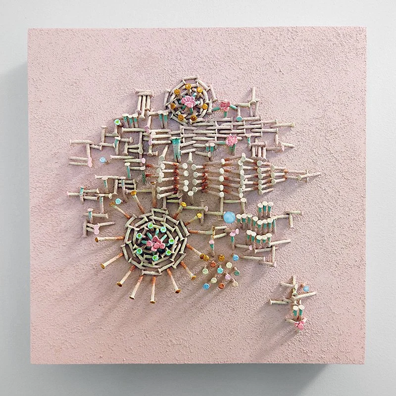   Darlene Charneco A Small but Potent Kindness , 2025  Nails and mixed media on wood 12" x 12" 