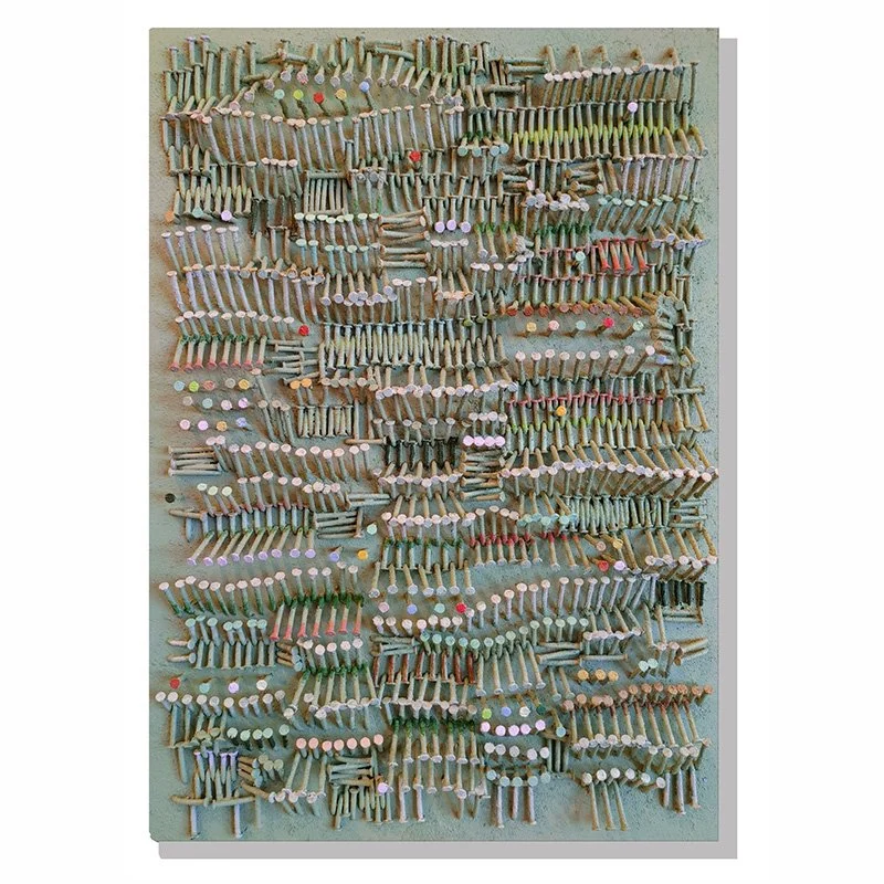   Darlene Charneco Like Interwoven Grasses , 2025  Nails and mixed media on wood 12" x 17" 