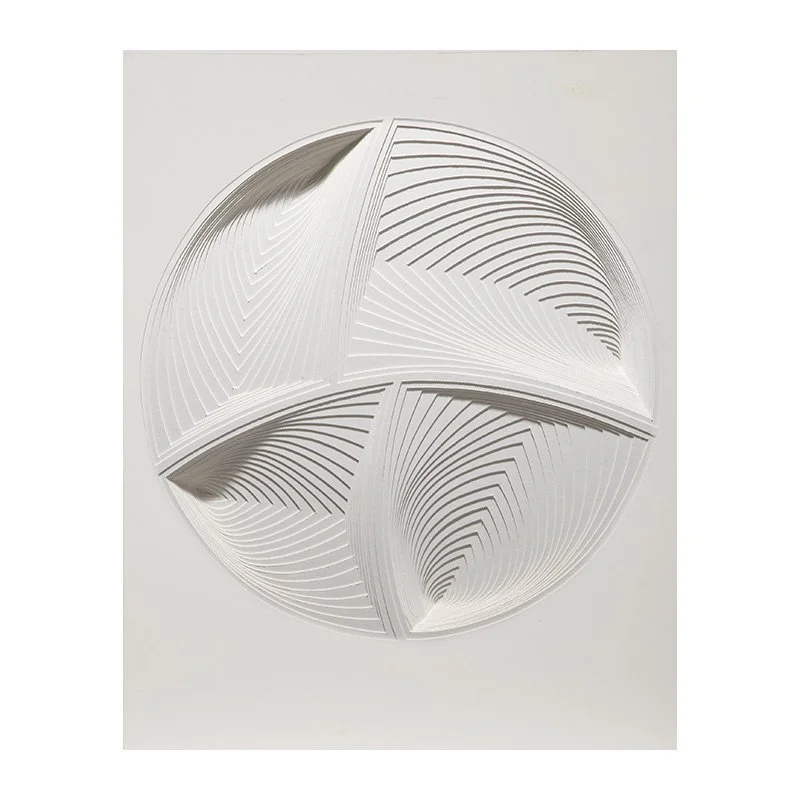   Elizabeth Gregory-Gruen White Circle - In , 2014  2-ply museum board, hand cut paper, framed in white wood shadow box 24" x 20" 