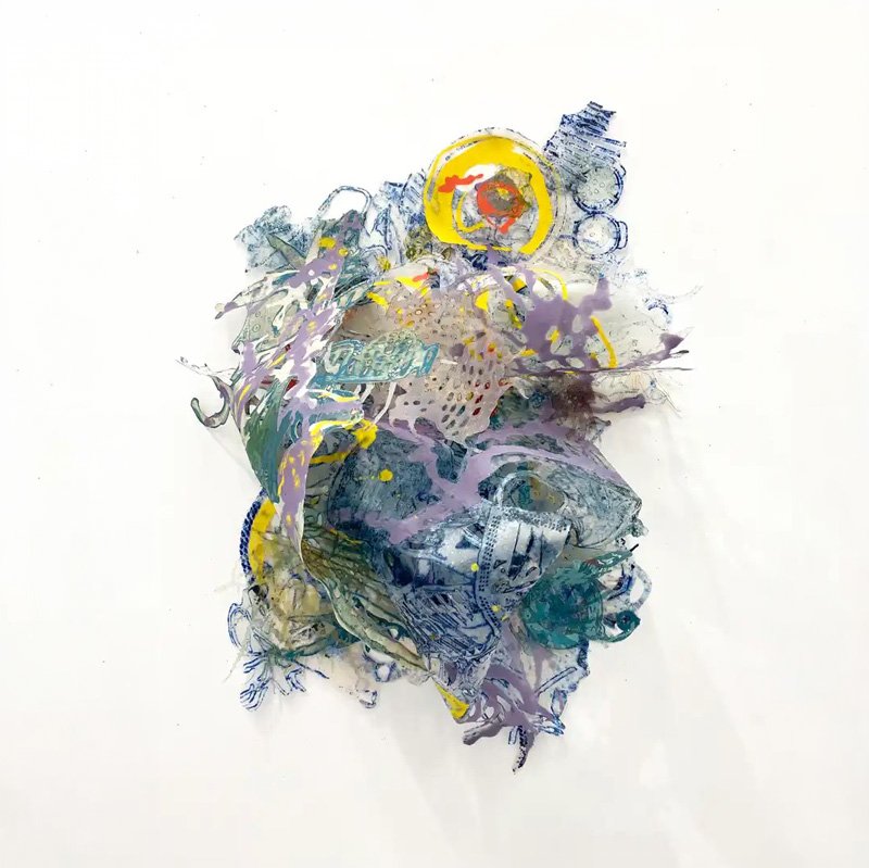  Joan Hall No Name Key , 2022  Handmade paper, Dura-lar, acrylic, printed, hand-cut construction 38" x 28" x 12" 