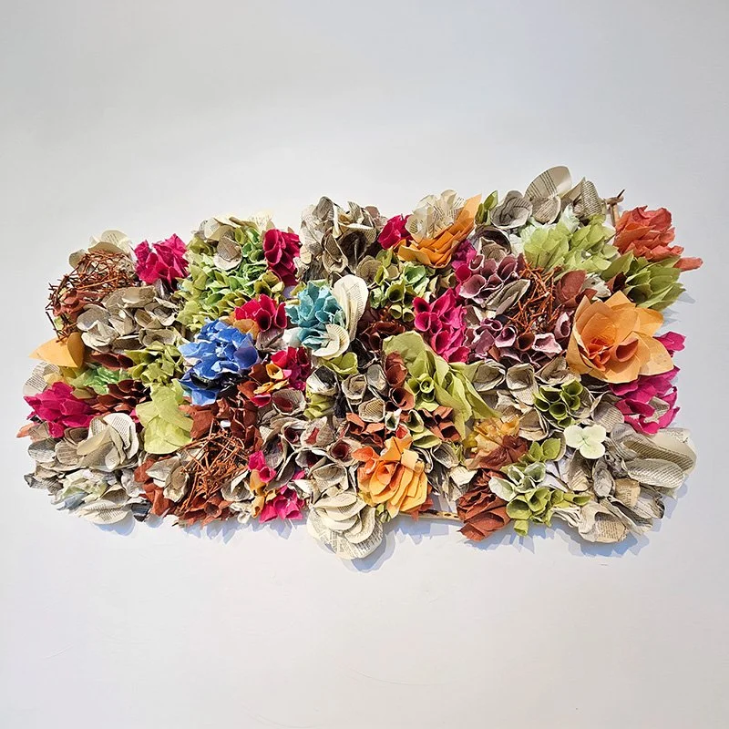   Rebecca Hutchinson Orange Glory Blue Spot   Paper clay, handmade paper from recycled clothing, organic material 28" x 45" x 5" 
