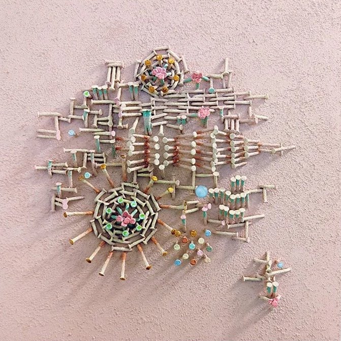   Darlene Charneco A Small but Potent Kindness , 2025  Nails and mixed media on wood 12" x 12"   $3,500  