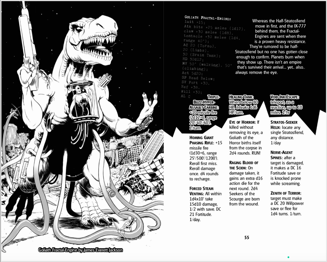 The bonkers TREX monster with usable arms, a gun, and Krang-style passenger is from none other than  James Everett Jackson .  More layout notes here. The off-kilter type boxes might offend some more stubborn than myself, but for me, there’s nothing more true to zine heritage than a slight imprecision. That parroting of the human hand pasting in the text is excellent.  However, the grey on black is a step too far. If the illustration and writing weren’t great, I’d have printed off this page so I could burn it for heresy.