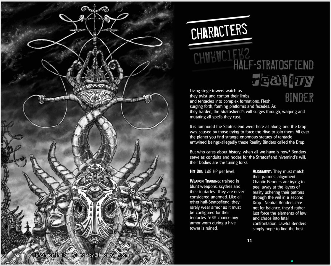 How many times am I legally allowed to say  Rifts  in this preview? This illustration is by  2headedgiant.com .  My last layout note: Stratosfiend is determined to show that composite layouts are 100% possible to do in a smaller format, and I’m 100% here for it. I’ll be interested to see how legible the type will be on paper. I suspect it will be functional, but to be sure, let them print your zine with a higher-quality printer. That way, the ink is sharp, and your printer doesn’t burst into flames from all of this black background.