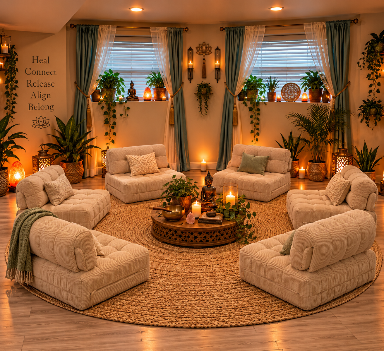 A cozy, well-lit living room decorated with plants, candles, and Buddha statues, featuring a circular arrangement of beige couches on a woven rug.