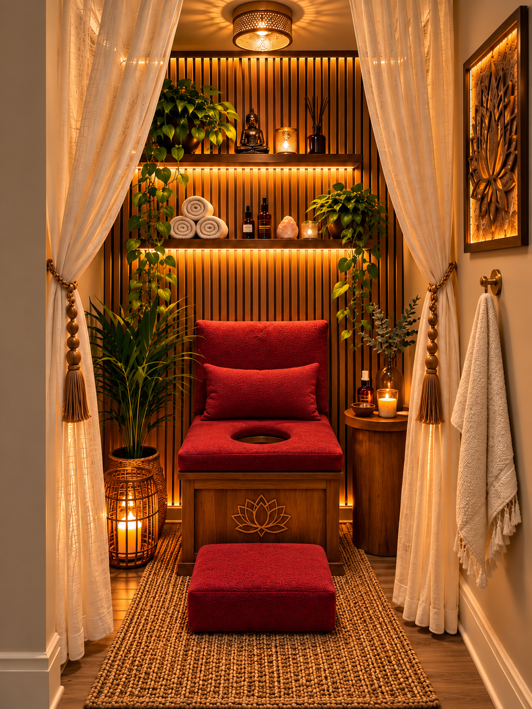 An interior of a cozy, dimly lit room with a red cushioned chair and matching footstool, surrounded by plants, candles, and decorative items, with warm lighting and curtains framing the space.