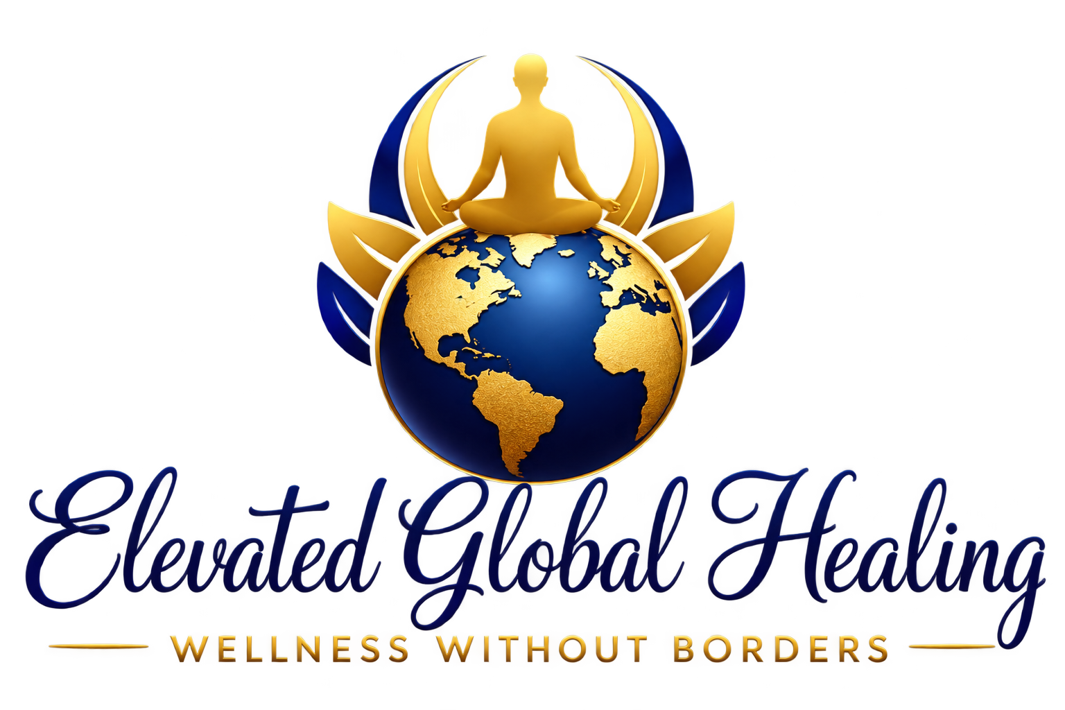 A logo for Global Gente Salud, featuring a gold and blue globe with a gold figure meditating on top, surrounded by a stylized lotus flower, with the phrase "WELLNESS WITHOUT BORDERS" underneath.