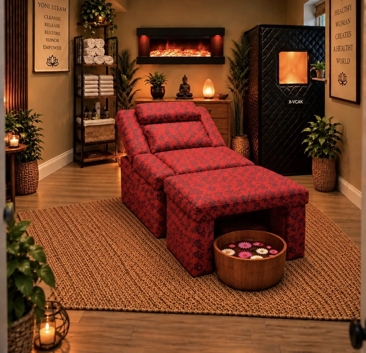 A cozy massage or therapy room with a red upholstered chaise lounge on a woven rug, surrounded by potted plants, candles, and decorative items. The room has warm lighting, a Buddha statue, salt lamp, storage shelves with towels, and framed comforting messages on the walls.