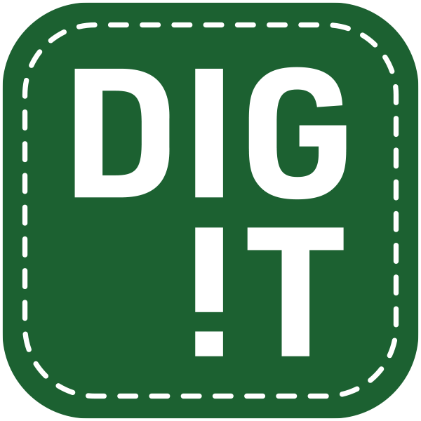 Green square icon with white dashed border and the words 'DIG IT' in bold white letters.