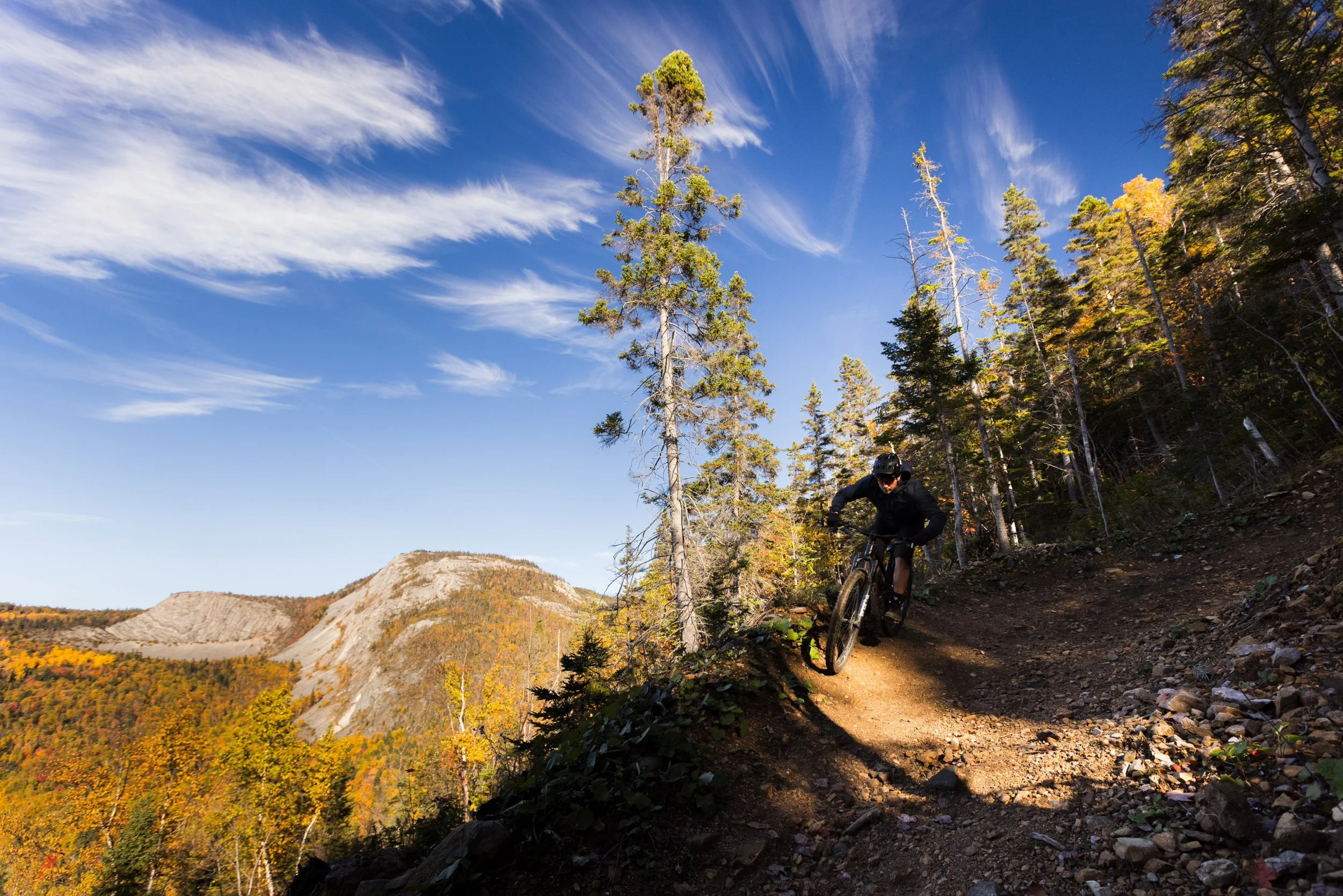 A mountain biker riding along a dirt trail through a forest with fall foliage, under a blue sky with wispy clouds.
