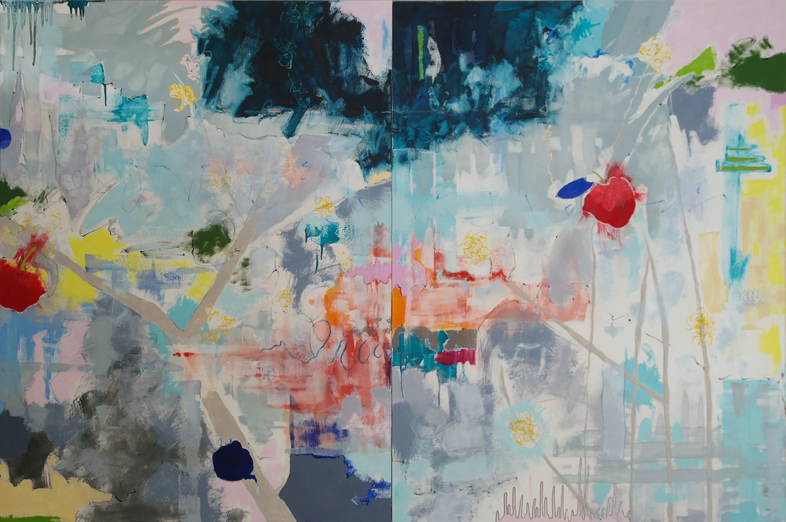 Forsythia; oil on canvas on panel; 48 x 72 diptych; available at Olson-Larsen Galleries
