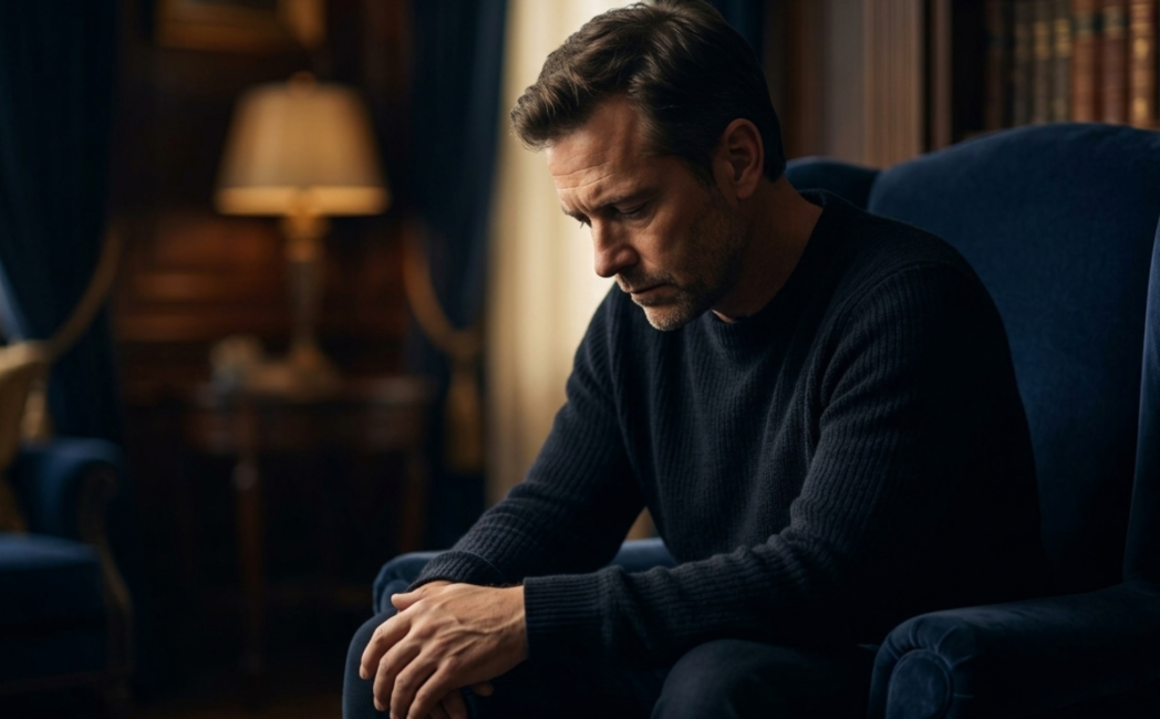 A man sitting alone in a dimly lit room with a somber expression, wearing a black sweater, with dark hair and a beard.