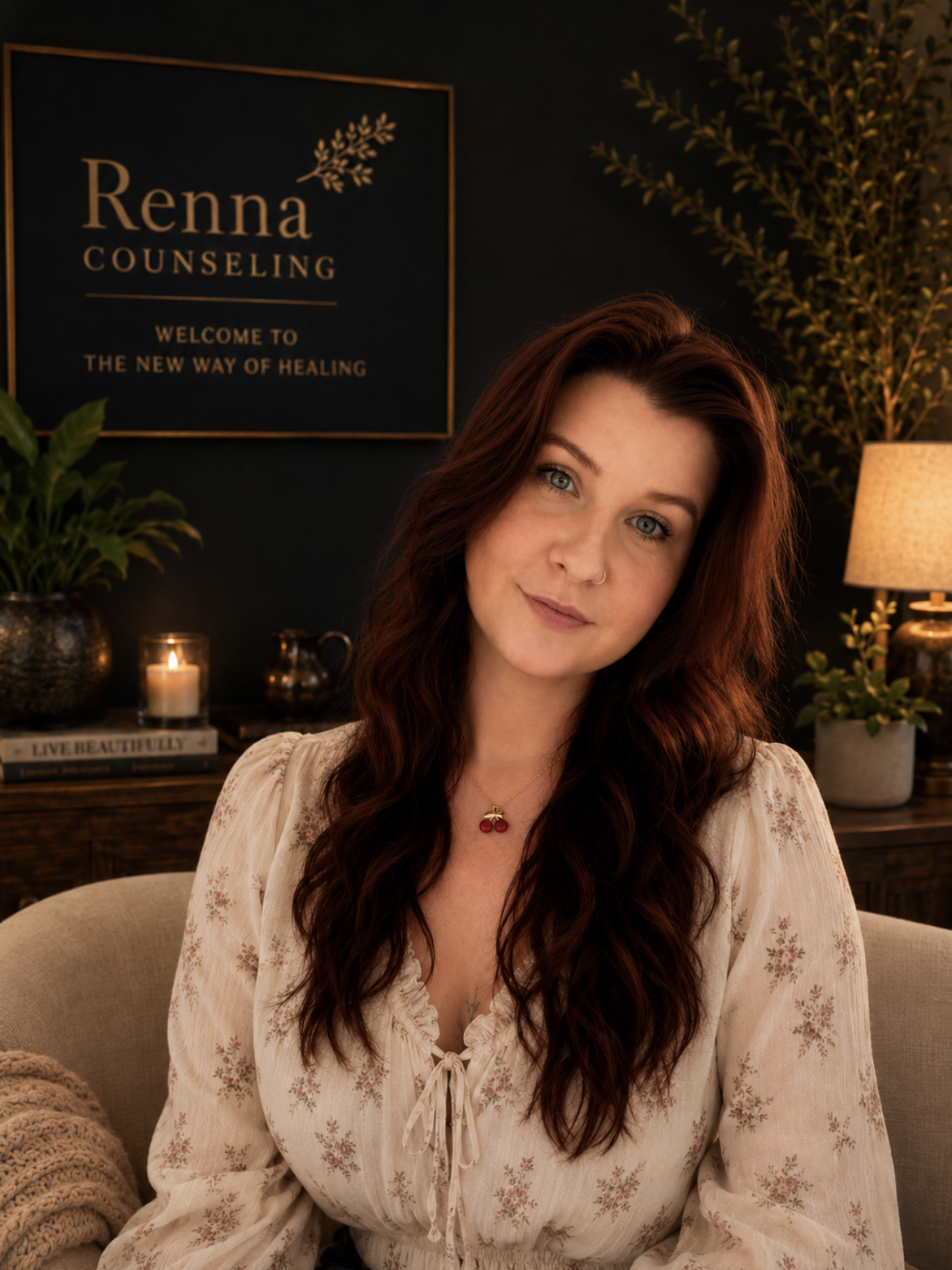 A young woman with long, wavy auburn hair and blue eyes, wearing a cream floral blouse with a tied neckline, sitting indoors with a neutral-colored background, potted plant, framed artwork, and soft lighting.
