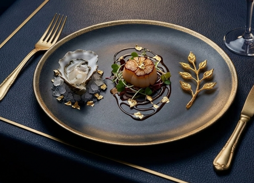 A black plate with a gold rim holding an artistically plated gourmet dish, garnished with gold leaf, edible flowers, and microgreens, alongside a shell-shaped seafood item, set on a navy blue table with gold cutlery and a wine glass.