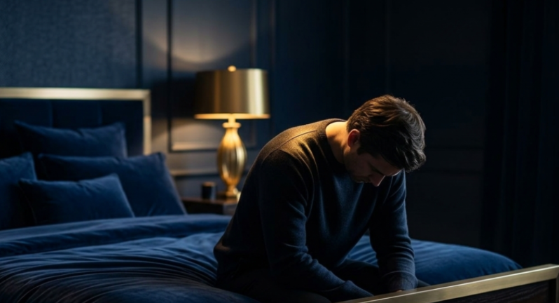 A young man sitting on a bed in a dimly lit bedroom, with dark bedding and a lamp turned on beside him.