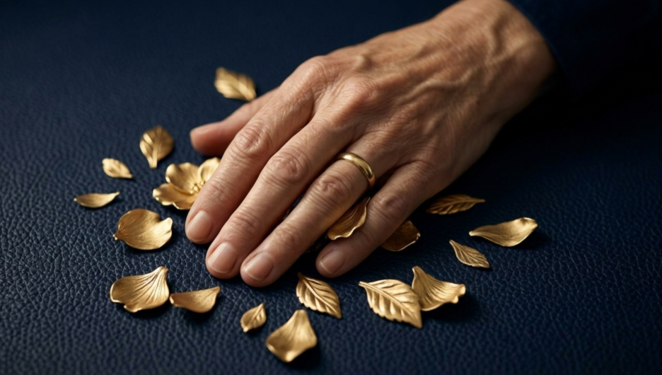 Close-up of a hand with a gold ring resting on dark textured surface surrounded by scattered gold leaf-shaped objects.