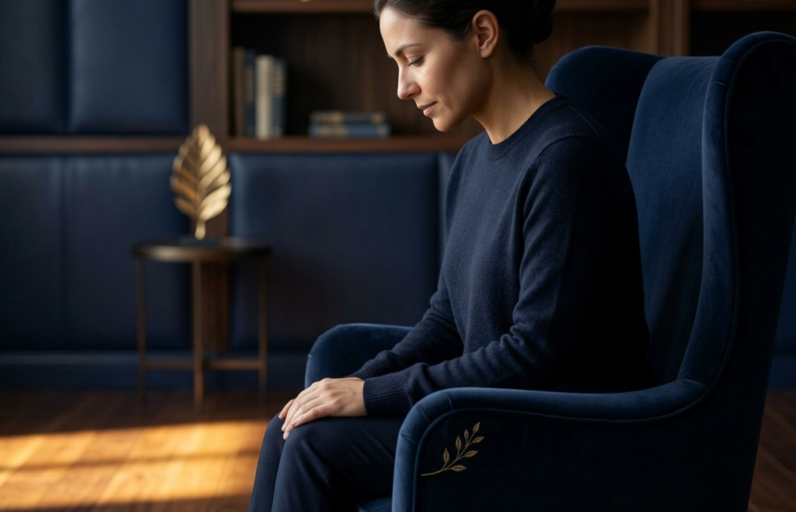 A woman sitting in a dark blue armchair with a serious expression, in a room with bookshelves and a small side table with a decorative gold leaf sculpture.