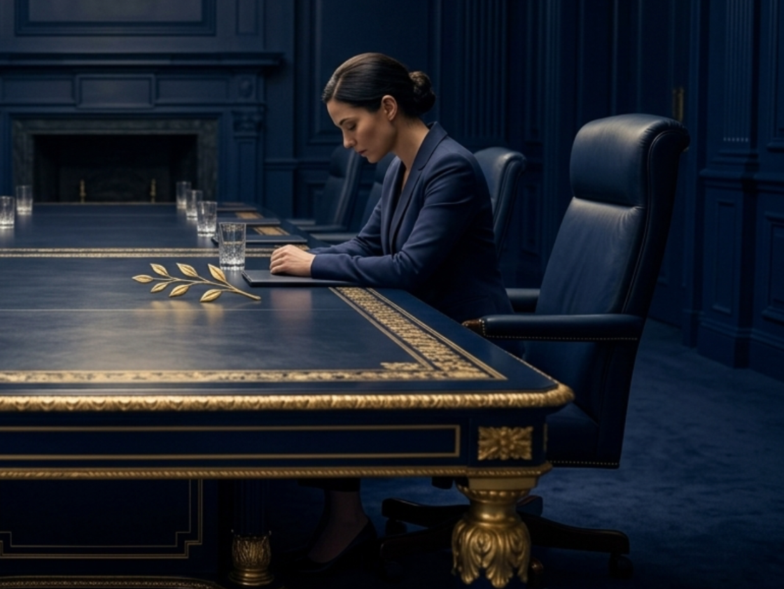 A woman in a dark blue suit sitting alone at a large, ornate conference table with a gold-embellished edge in a blue room with matching blue chairs.