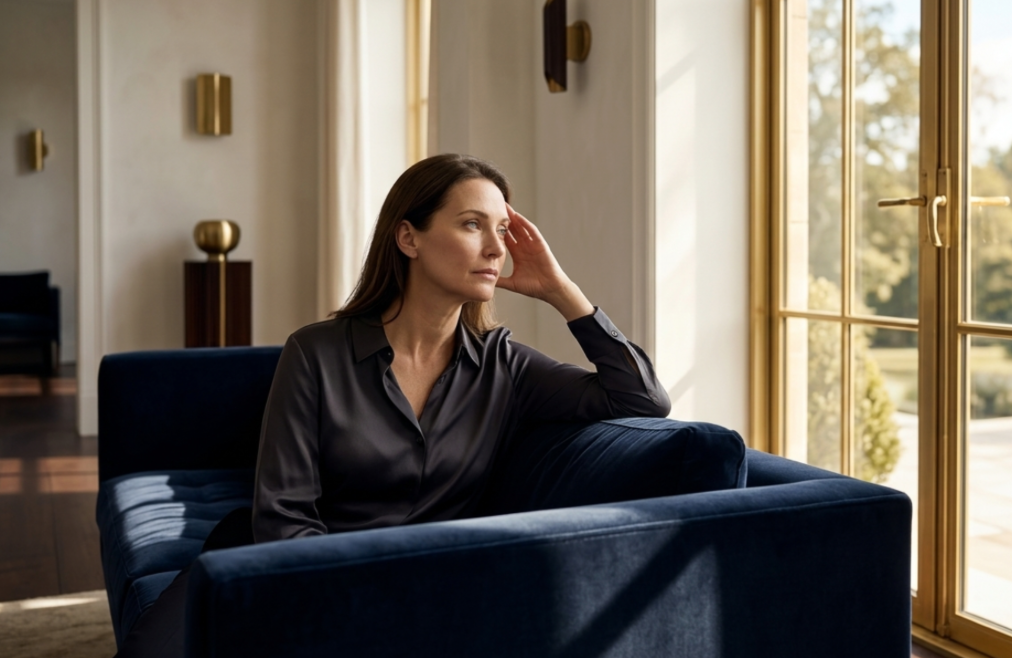 A woman with long brown hair sitting on a dark blue velvet sofa near a large window, gazing thoughtfully outside on a sunny day.