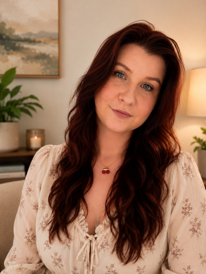 A woman with long, wavy red hair and blue eyes sitting indoors near a lamp and a houseplant, with a neutral expression.