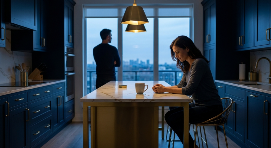 A woman sitting alone at a kitchen island with her hands clasped and looking down, with a man standing alone near a large window in the background, both in a modern kitchen with blue cabinets and a cityscape view.