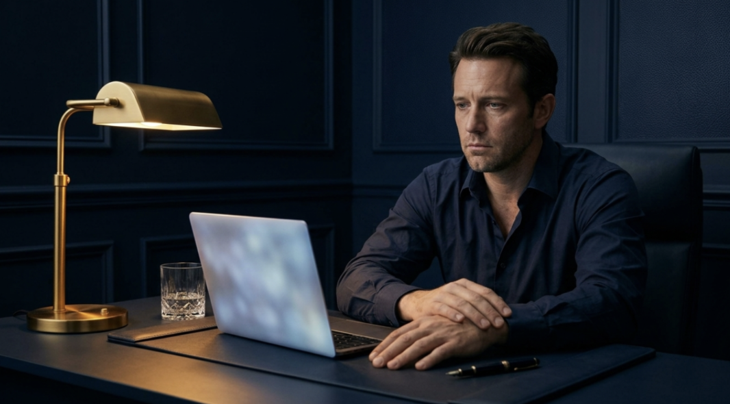 A man wearing a dark blue shirt sitting at a dark desk in front of a laptop with a glass of water and a gold desk lamp, in a dark blue paneled room.