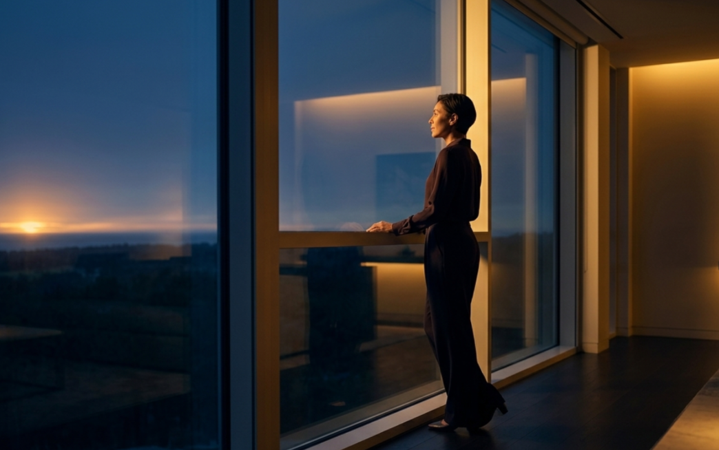 A woman in black clothing standing indoors near large glass windows, looking out at a sunset over a distant landscape.