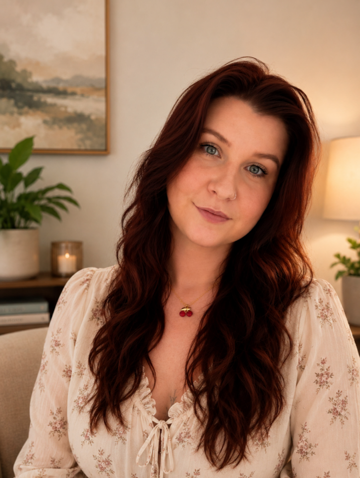 A young woman with long, wavy auburn hair and blue eyes, wearing a cream floral blouse with a tied neckline, sitting indoors with a neutral-colored background, potted plant, framed artwork, and soft lighting.