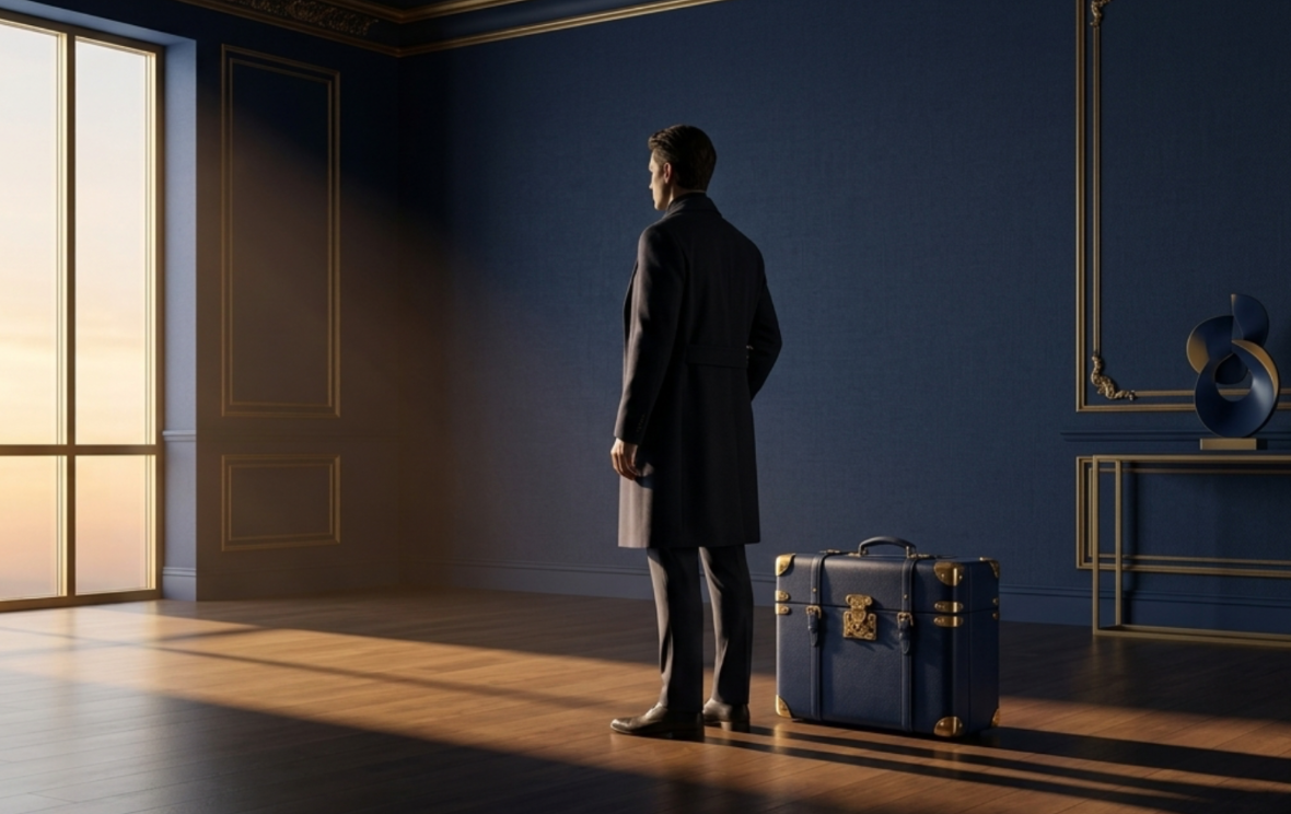 A man in a dark coat standing in an elegant room with a large window, looking outside as sunlight streams in. A blue suitcase is on the floor beside him.