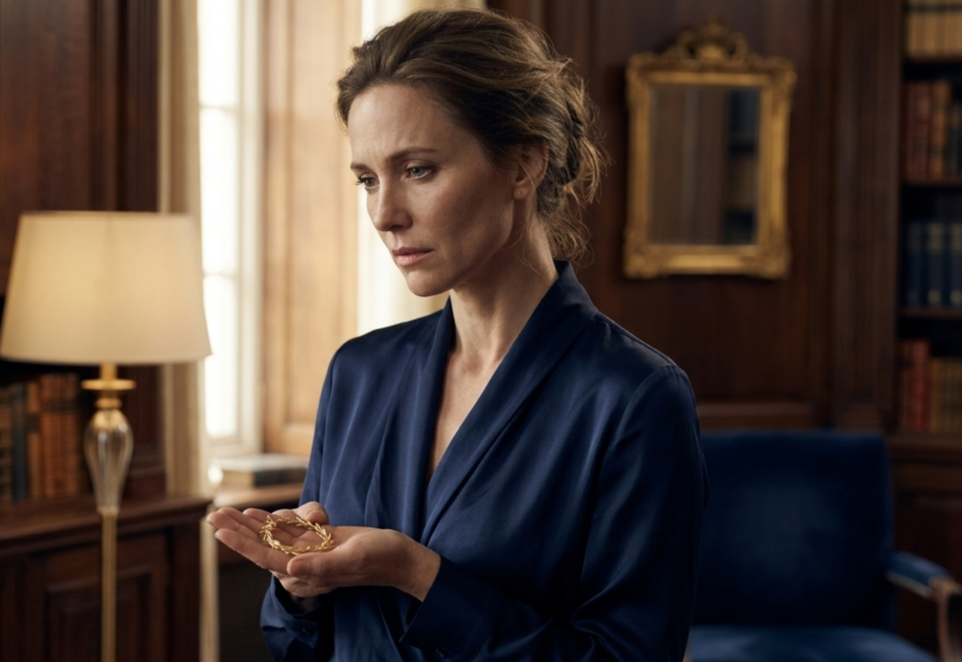 A woman in a blue satin robe holding a gold bracelet in a warmly lit, wood-paneled room with bookshelves and a framed mirror