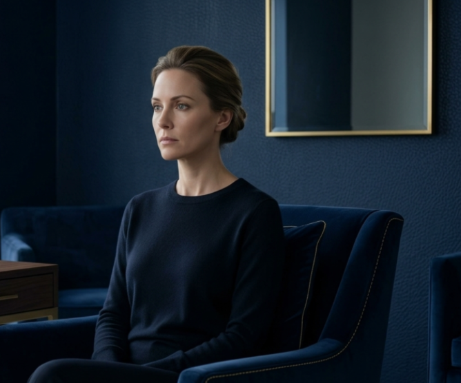 A woman with short hair sitting on a dark blue armchair in a room with dark blue walls, looking to the left with a serious expression.