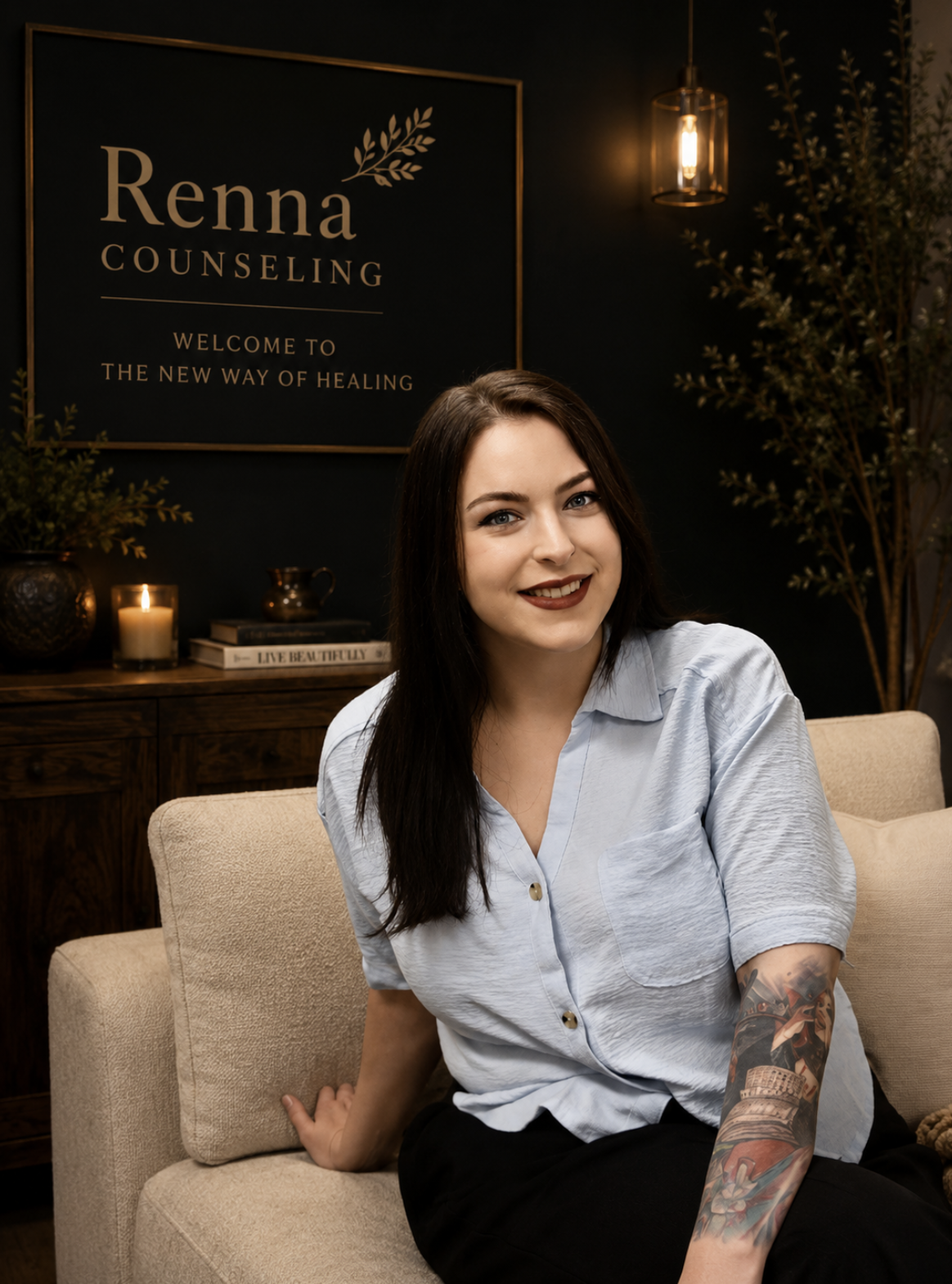 A young woman with dark brown hair, wearing a white button-up shirt, sitting on a black couch. She is smiling with makeup, and has a colorful tattoo on her left forearm. In the background, there is an abstract blue and white painting on a white wall.