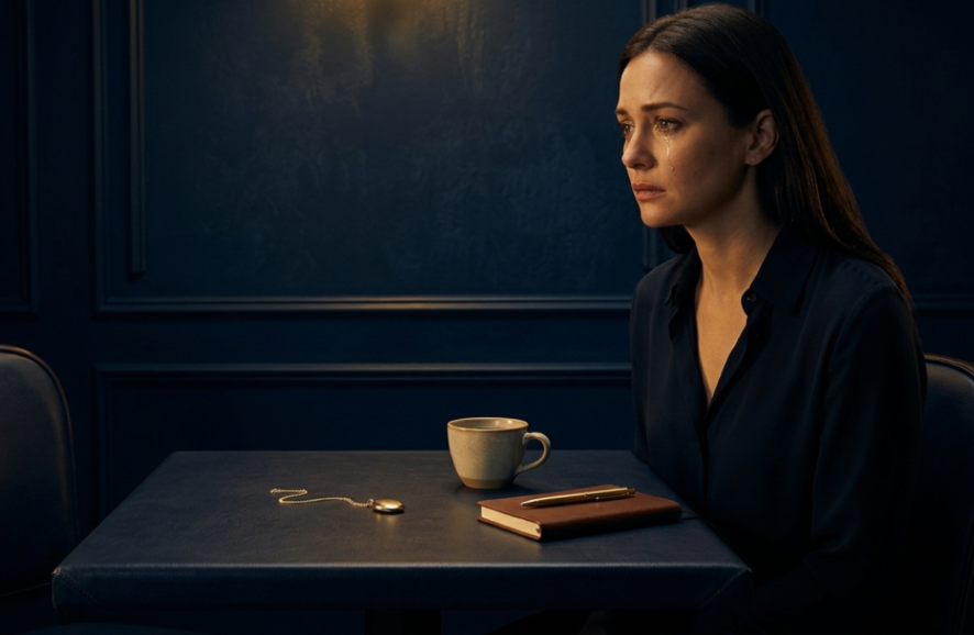 A woman with long dark hair sitting alone at a dark blue table, looking contemplative, with a beige coffee mug, a closed brown notebook, and a gold pen on the table in a dimly lit room with dark blue walls.