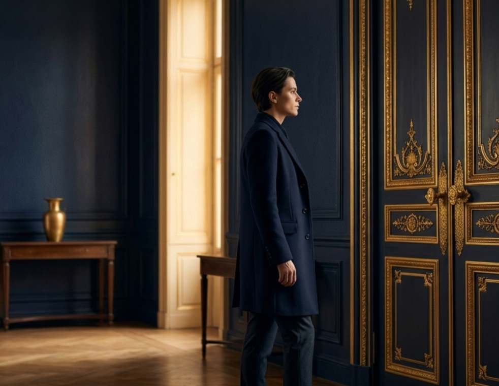 A woman with short dark hair in a profile view, wearing a dark blue coat, standing in a room with ornate navy blue and gold decor, including a large gilded door, a tall window, and a wooden table with a gold vase.
