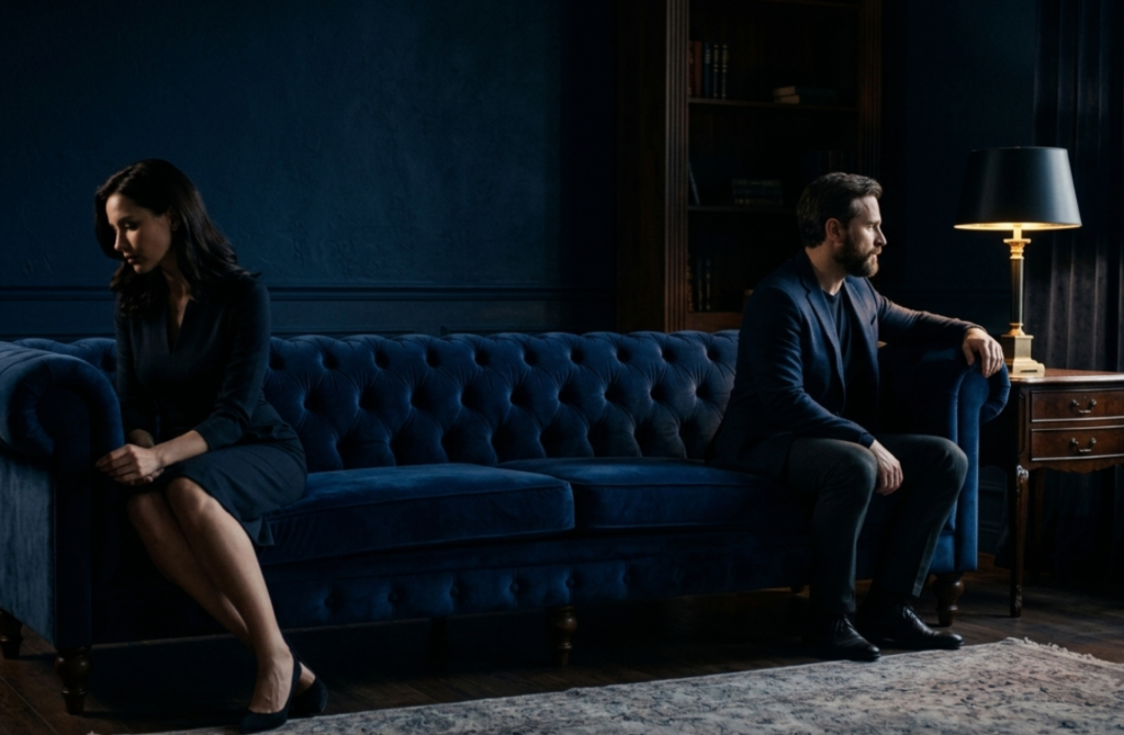 A woman and a man sit on opposite ends of a blue velvet couch in a dimly lit room, with a dark wooden bookshelf and a lamp on a side table in the background.