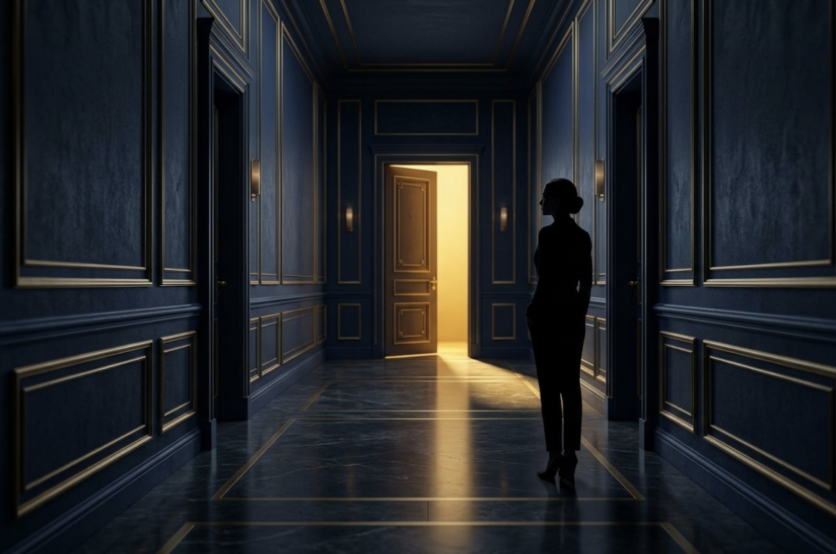 Silhouette of a woman standing in a gold-accented blue hallway with an open door glowing with warm light.