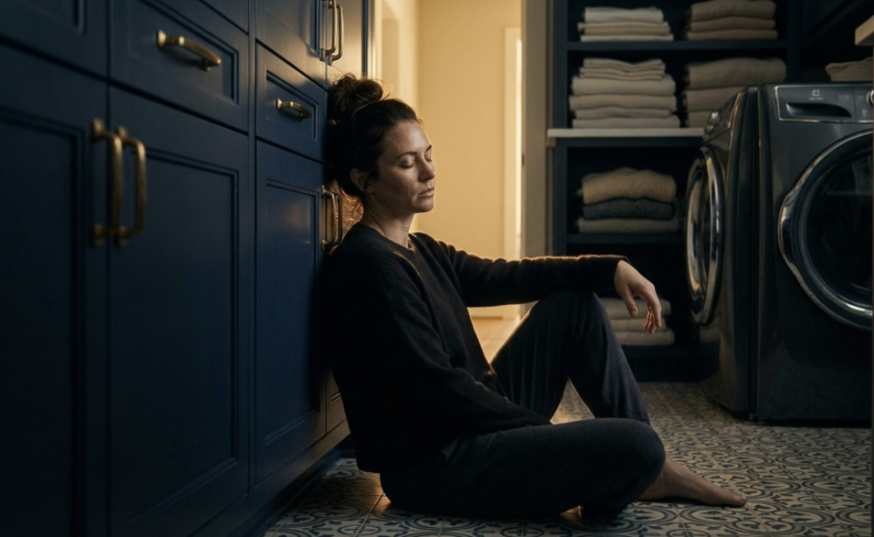 A woman sitting on the floor against blue cabinets in a laundry room, with eyes closed and a calm expression.