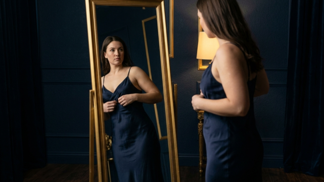 A woman in a navy blue satin slip dress looking at herself in a full-length mirror in a dimly lit room with dark blue walls and a gold frame mirror.