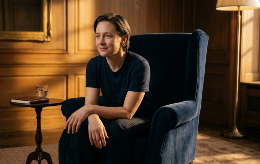 A woman with short brown hair sitting in a large blue armchair in a cozy wooden-paneled room with a side table holding a glass of water, a closed book, and an electronic device, illuminated by a tall floor lamp.