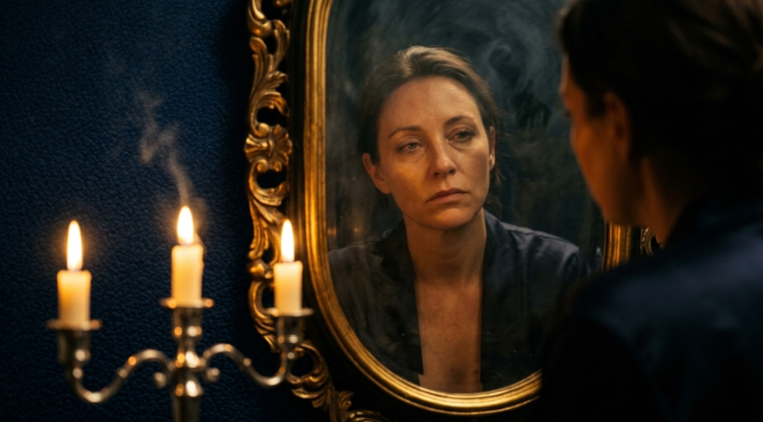 A woman looking at her reflection in an ornate mirror, with a blue wall and lit candles nearby.