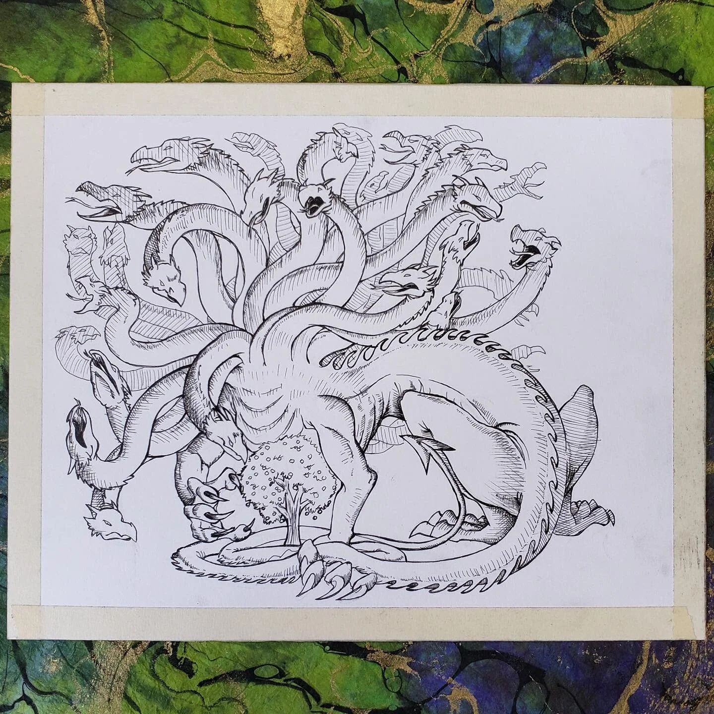 InkTober/MythicMay Day 7: Ladon

In Greek Mythology, Ladon was a fearsome 100-headed dragon, purportedly serpentine in stature and very, very dedicated to his job of guarding the Golden Apples of the Garden of Hesperides. He was given the task by Her