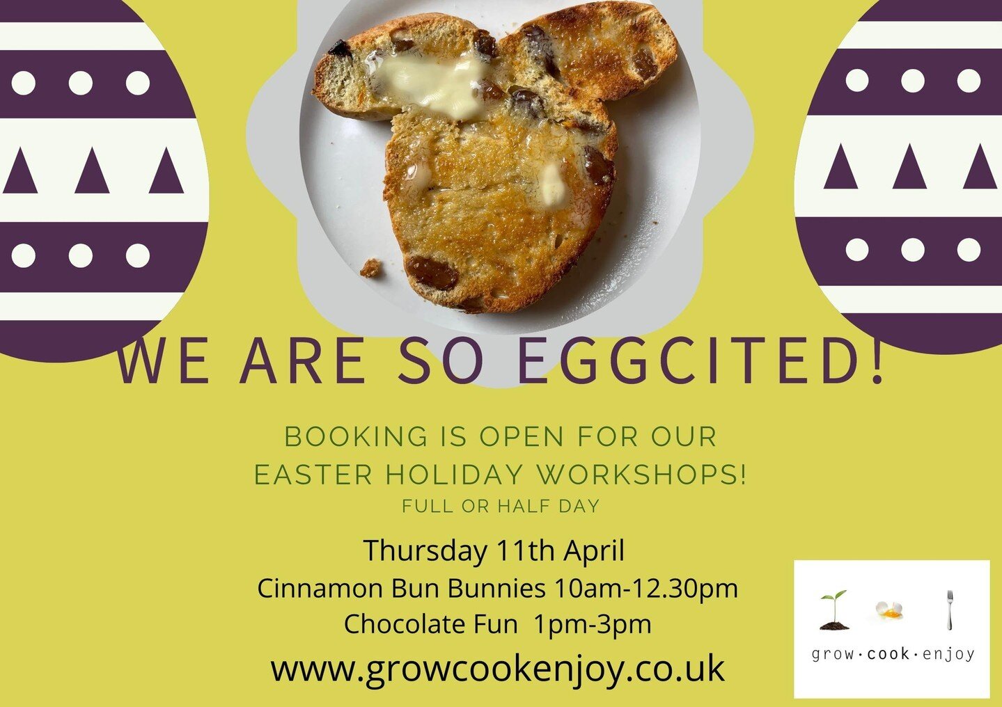 A few spaces remaining for our Full or half day workshops. Lots of Easter baking fun... Cinnamon Bun bunnies, carrot cream horns, Easter cupcakes and biscuits and a chocolate mousse filled egg. Book both sessions and make your own lunch. See our webs