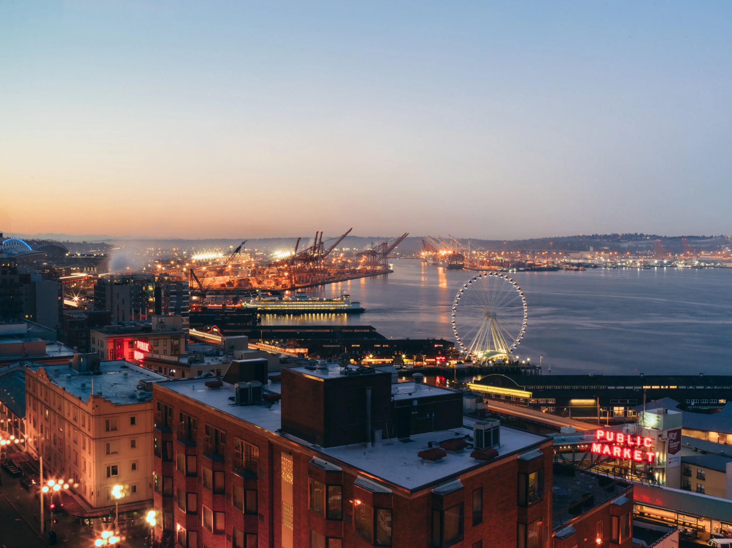 A skey view of Seattle’s Pike Place Market and Waterfront.