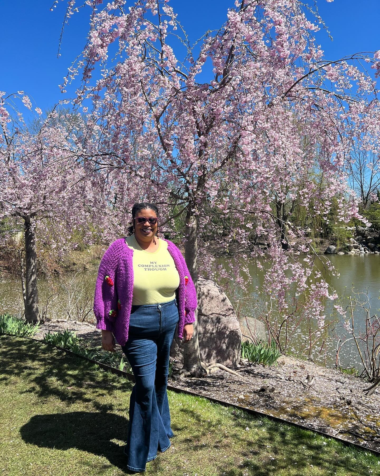 This is a cherry blossom 🌸 Stan account now lol. It was so beautiful and sunny but a bit chilly with the wind and 50&deg; so I busted out my strawberry cardigan I knitted last year. 💜💜. Thanks for joining me today @its_jess_may.