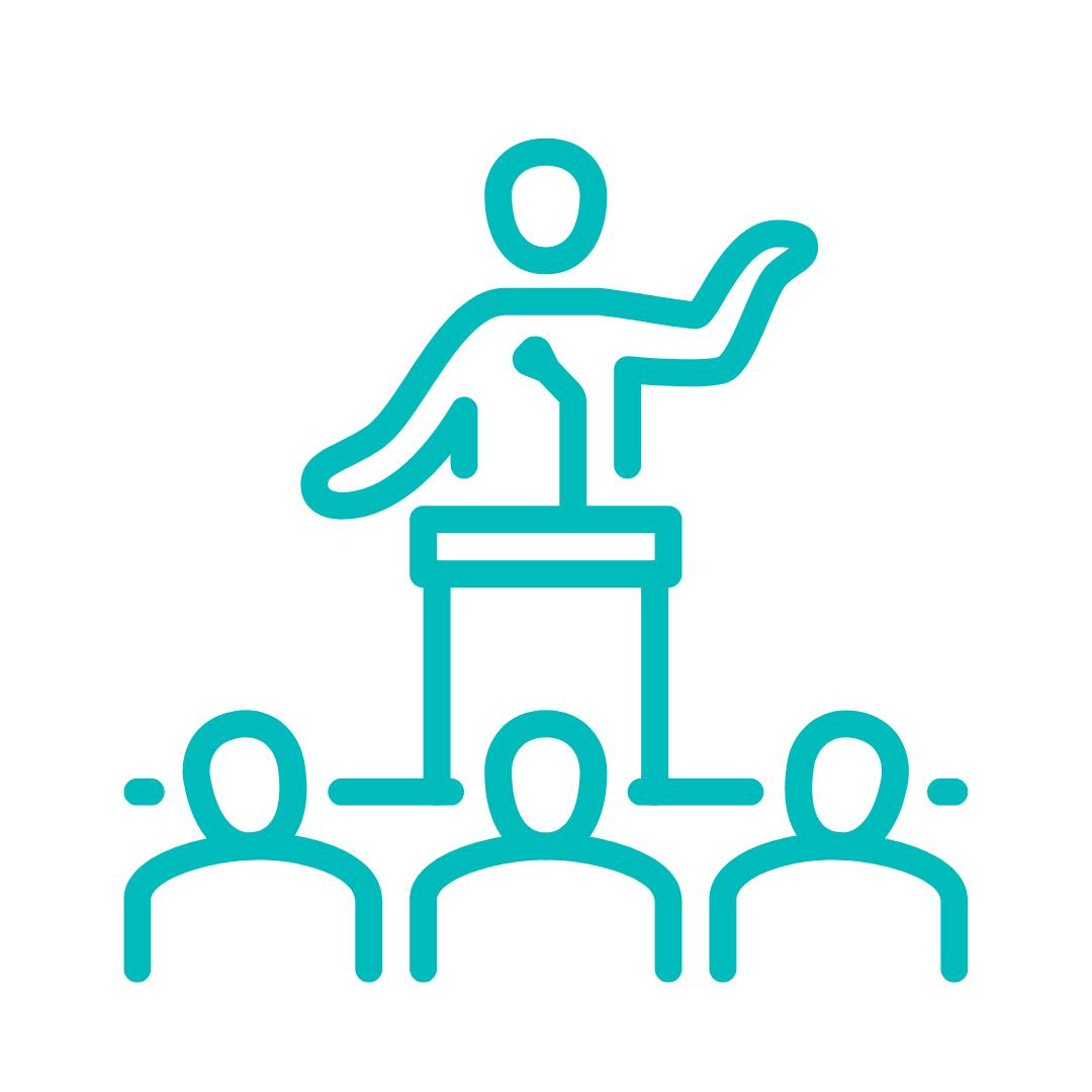 Line drawing of a person standing at a podium giving a speech to three audience members.